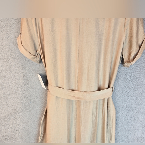 Ellen Tracy Midi Shirt Dress Sz M Tan Front Button Pockets Belted Casual Comfort - Picture 12 of 13